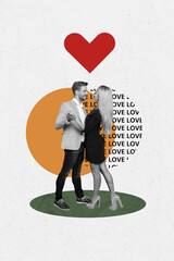 Vertical image collage of beautiful young lovely couple celebrating holiday valentine day isolated...