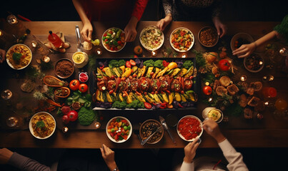 Thanksgiving table. Flat-lay of feasting peoples hands over Friendsgiving table with food cover wooden table. - obrazy, fototapety, plakaty