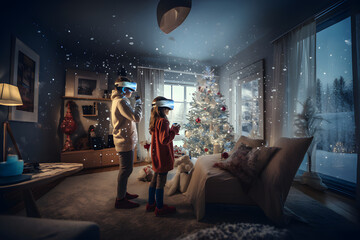 Two children playing with virtual reality glasses at Christmas in a scene that snows through the window. - obrazy, fototapety, plakaty