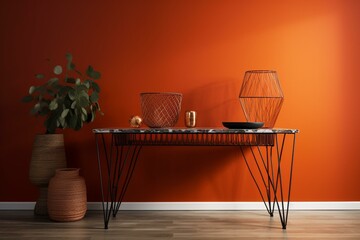 Stylish modern table against vibrant wall. Generative AI