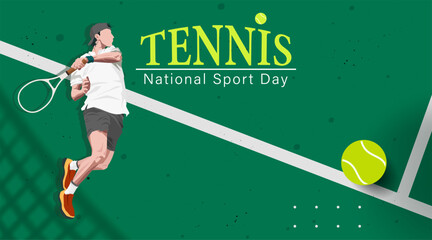 National Sports Day background design with a tennis concept featuring tennis players, court lines, tennis balls. National Sports Day celebration