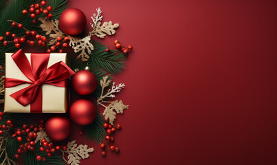 Christmas Flat Lay Background. Top Christmas red cherries and branch decorations on red background.