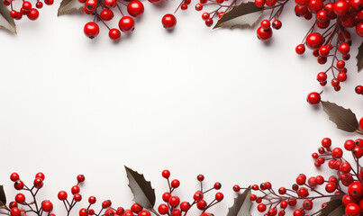 Christmas flat lay of branch with red berries isolated on white background, White copy space.