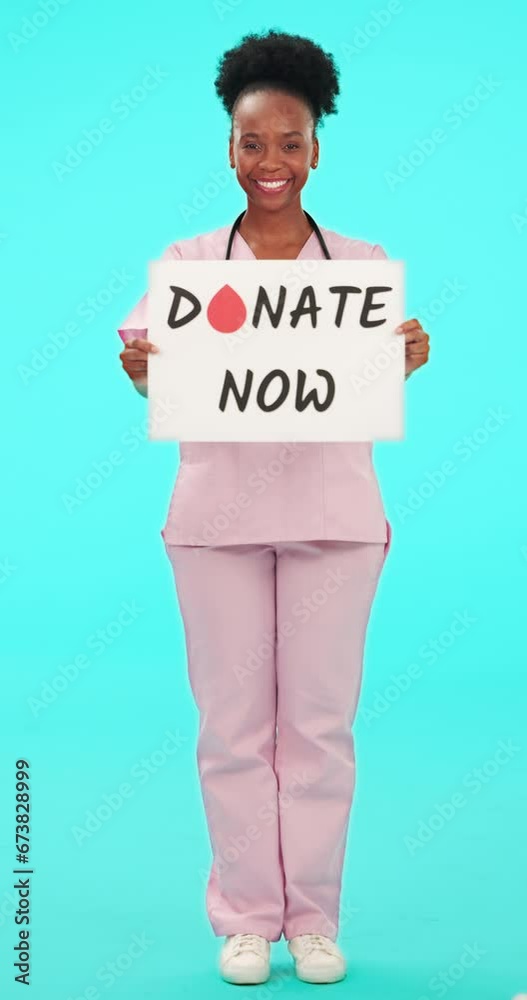 Sticker Poster, blood and donation with a nurse black woman on blue background in studio for healthcare. Portrait, medical and volunteer with a happy young female medicine professional holding a sign