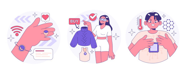 Wearable technology set. Smart device. Character using electronic device to monitor, analyze and transmit personal data. Smartwatches, smartglasses or accessories. Flat vector illustration