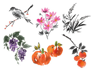 水墨画風の秋のイラスト素材セット


