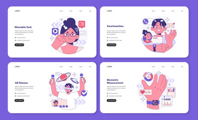 Wearable technology web banner or landing page set. Character using electronic smart device to monitor, analyze and transmit personal data. Smartwatches or smartglasses. Flat vector illustration