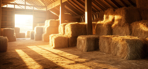 barn with hay bales stacks at farm - obrazy, fototapety, plakaty
