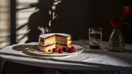 Fototapeta na wymiar Product photography of cake on the pastry chef's kitchen table play of light and shadow. High quality photo