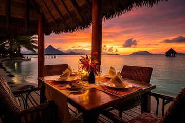 Luxury dinner on table waiting for guest at sunset in luxury vacation resort at beach. Summer tropical vacation concept.