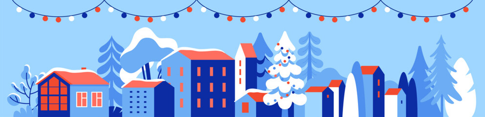 Vector illustration in trendy flat simple style - Merry  Christmas and Happy New Year greeting card and banner - winter landscape with house, happy holidays hand lettering