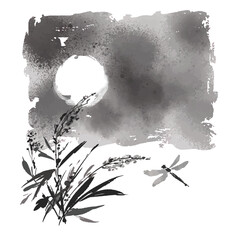 水墨画風のススキと月のイラスト © Sawango