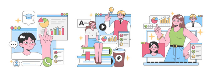 Digital Learning set. Characters engaging in online education, virtual charts, and graduation symbols. Interactive courses, video tutorials, and e-learning. Coffee break moments. vector illustration.