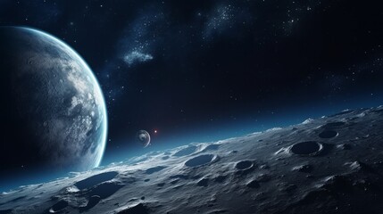 Earth and Moon in space. Lunar surface.