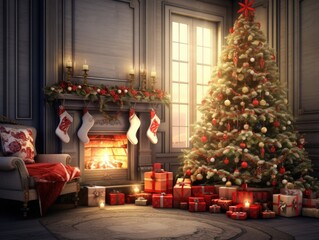 A cozy home with fireplace, Christmas tree and decorated for holiday season. Winter seasonal concept.