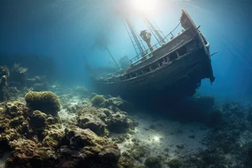 Papier Peint photo autocollant Naufrage A diver explore a ship wreck underwater at the bottom of the sea.