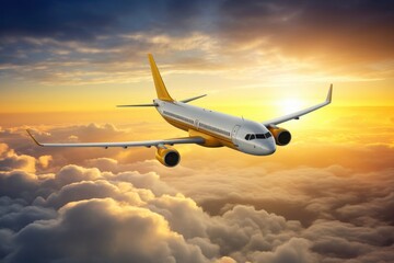 An airplane jet fly in air with beautiful cloud at sunset. Outdoor travel concept.