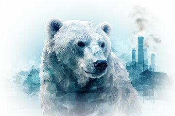 Art double exposure of Polar bear overlay with industry smoking chimneys. Global warming and pollution concept.