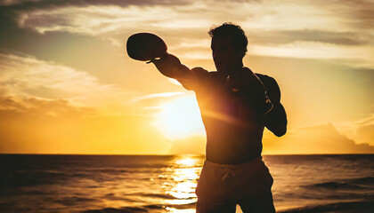 silhoutte man with boxing glove pose at sunset - Powered by Adobe