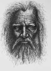 Old man with a mustache - illustration. Detailed drawing of an old sad man with a mustache and beard, drawn by a liner
