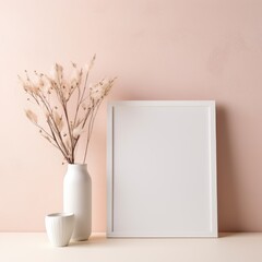 A Serene Corner: A White Vase with Lush Plant and Picture Frame