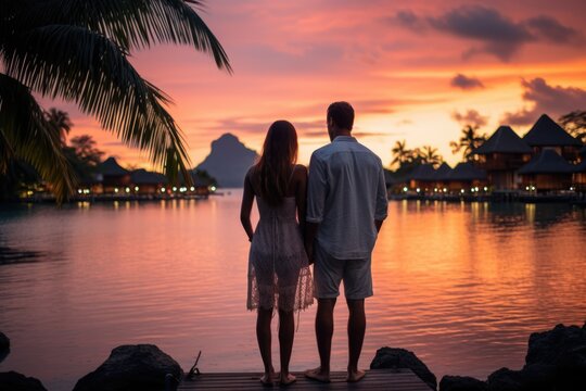 A young couple watch beautiful sunset at beach. Summer tropical vacation concept.