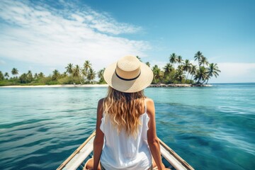 A beautiful girl riding on a boat heading to an island covered by palm tree in sea.