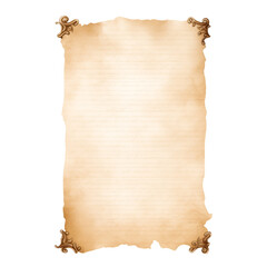 Old mediaeval paper sheet, parchment scroll isolated on transparent or white background, png, mockup