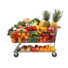 Shopping cart full of fruits and vegetables isolated on white background