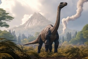 Dinosaur in prehistorical environment with volcanos and clouds. - obrazy, fototapety, plakaty