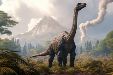 Poster Dinosaur in prehistorical environment with volcanos and clouds. © rabbit75_fot