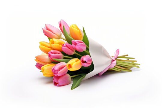 Isolated tulip boutique with variable colors on white background in Spring. Spring seasonal concept.