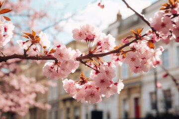 Close-up view of pink cherry blossom flower branch with residential home building in Spring. Spring seasonal concept.