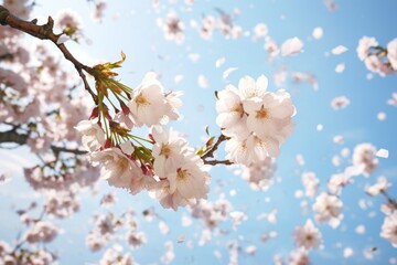 Close-up view of pink cherry blossom flower petal flying in air in Spring. Spring seasonal concept.