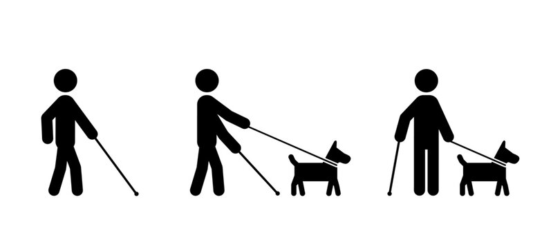 Identify yourself as blind or partially sighted. Blind and visually impaired. Blindly, white cane and a seeing eye dog. Stick figure man with blind people. Man with a cane, guide dog. Disabled person.