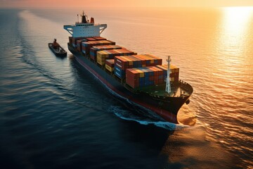 Aerial view of cargo ship in sea with cargo container box at sunrise. - Powered by Adobe