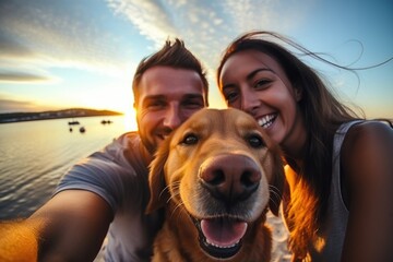A dog with a happy young couple at beach on vacation.