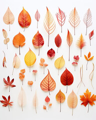 Different patterns of colorful leaves on a white background