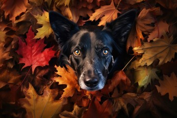 Happy dog play in Autumn woods