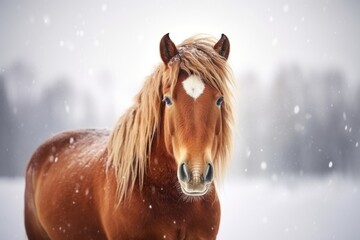 A horse stand in snow in winter woods.