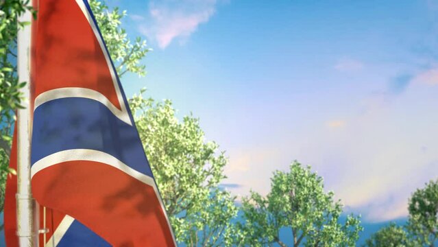 Waving flag of Novorossia on woods and blue sky background