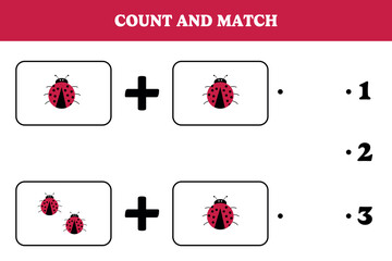 Count and match. Educational mathematical game for kids. Printable worksheet design for preschool or kindergarten children. Learning mathematic.