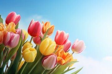 Tulip with variable colors and blue sky in Spring. Spring seasonal concept.