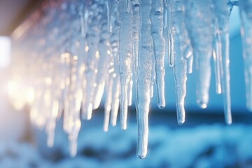 Close-up view of icicle under roof in winter. Winter seasonal concept.