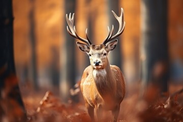 Naklejka na ściany i meble Male deer with antlers stand in forest in Autumn with beautiful foliage.