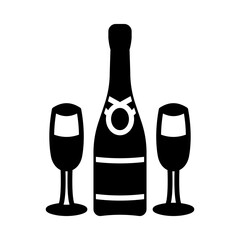 Champagne bottle and glasses icon. Wedding element. Celebration and Happy Valentine's Day. Vector.