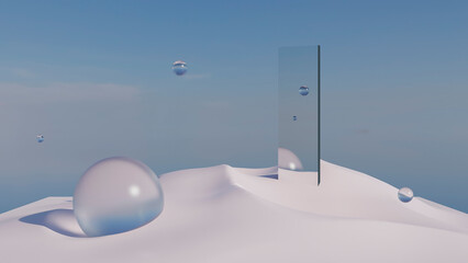 surreal landscape with glass objects, 3d render