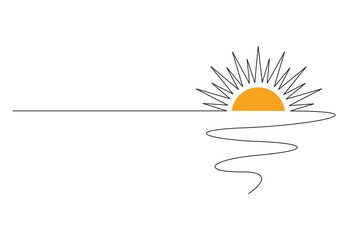 Sun on sea beach one black continuous one line drawing. Sunset sunrise outline. Vector illustration. Premium vector. - obrazy, fototapety, plakaty
