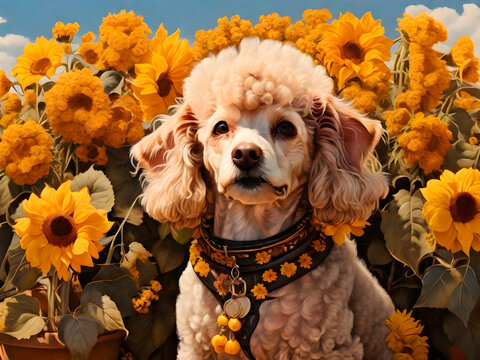 white poodle dog in the field surrounded by sunflowers