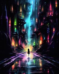 Illustration of a young woman walking through the night city with lights and reflections